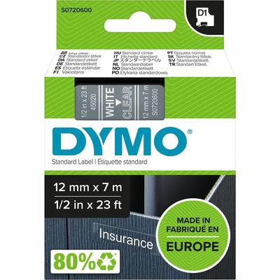 Dymo S0720600 D1 Self Adhesive Tape Cassette, 15/32" Width, Rectangle, Thermal Transfer, Glossy, Transparent, White