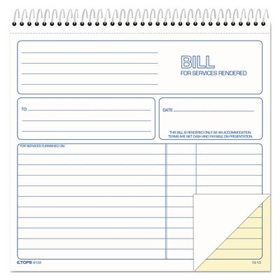 TOPS 4133 Spiralbound Service Invoices, Two-Part Carbonless, 8.5 x 7.75, 1/Page, 50 Forms TOP4133