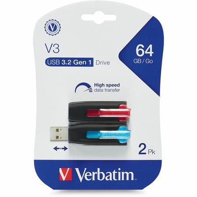 Verbatim 70899 64GB Store 'n' Go V3 USB 3.0 Flash Drive - 2pk - Red, Blue - 64 GB - USB 3.0 - Blue, Red - Lifetime Warranty - 2 Pack - Pack of 2