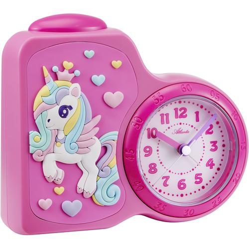 Kinderwecker ATLANTA Wecker rosa (rosa-pink) Kinder ideal für Reisen, Geschenkidee, Beleuchtung, Herz, Einhorn, analog