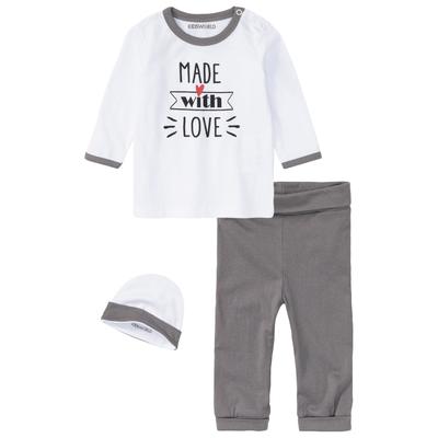 Strampler, Jäckchen & Mütze KIDSWORLD "3 teiliges Baby-Set - NEUE KOLLEKTION", Baby, Gr. 62/68, grau (weiß, grau), Jersey, Obermaterial: 100% Baumwolle, bedruckt, modisch, KOB Set-Artikel, süßes Outfit aus Bio-Baumwolle Image