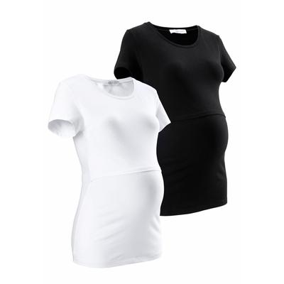 Umstandsshirt NEUN MONATE "2er Pack T-Shirts für Schwangerschaft und Stillzeit", Damen, Gr. 36/38, schwarz (schwarz, weiß), Jersey, Obermaterial: 95% Baumwolle, 5% Elasthan, unifarben, Basic, figurbetont hüftlang, Rundhals, Kurzarm abgesteppte... Image