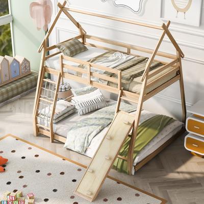 Playful Design Twin over Queen House Bunk Bed with Climbing Nets and Climbing Ramp