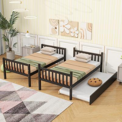 Twin Over Twin Rubber Wood Bunk Bed with Trundle, Convertible into 2 Twin Size Beds,with Ladder and Safety Guardrails