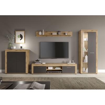 Wohnwand INOSIGN "Aosta, Breite 330cm, best. aus Highboard, Lowboard, Wandboard, Vitrine", grau (wotan eiche, grau), B:330cm H:159cm T:35cm, Holzwerkstoff, Kastenmöbel-Sets, Wohnwand, Kombination, Anbauwand, Möbel Set, Schrankwand, Möbel Kombi,... Image