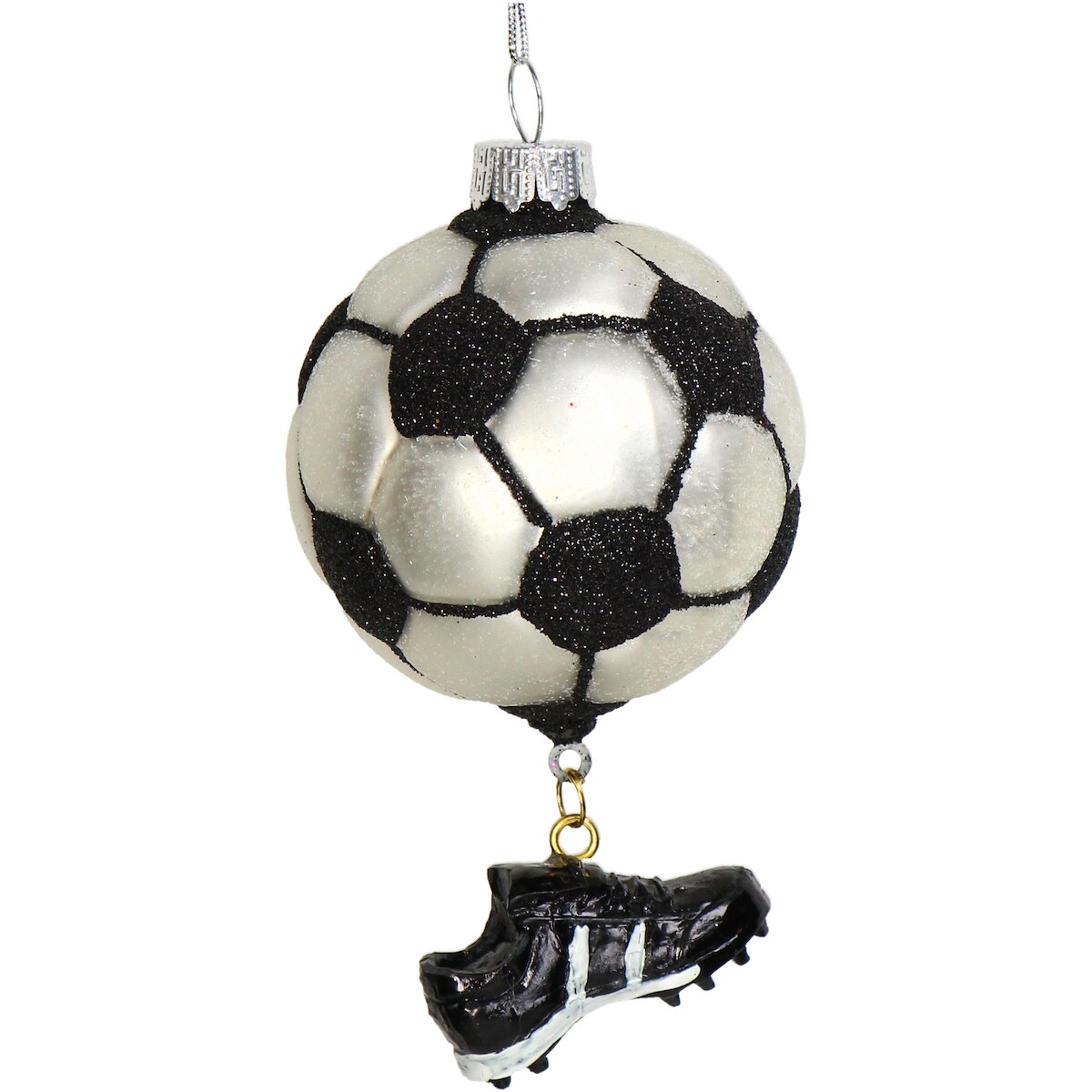 Christbaumschmuck Glas 11,8cm Fußball Figur Handbemalt & mit Glitzer Weihnachtsbaum Anhänger Weihnachten Weihnachtsbaumschmuck Sport Ball Schwarz Weiß Image