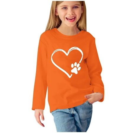 mgdxox Girls Crewneck Long Sleeve Sweatshirt 2024 Fall Clothes Casual Fashion Heart Print Pullover Tops Orange 4 Years