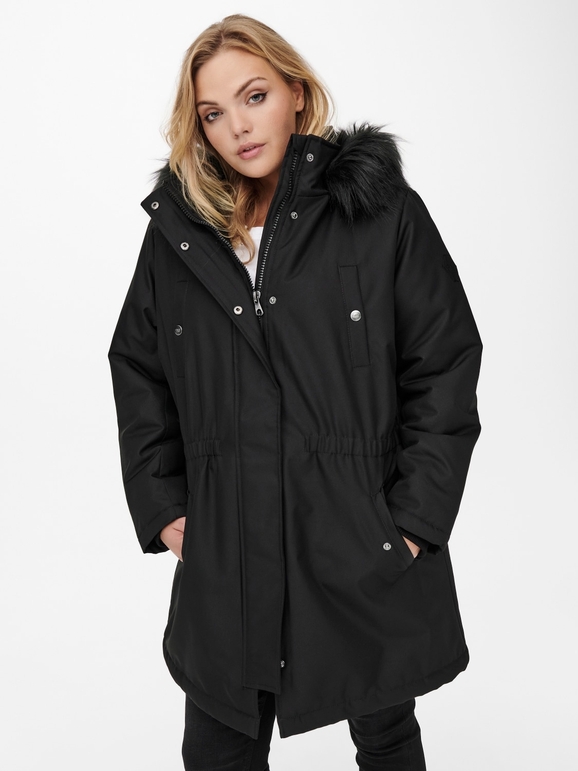 Parka ONLY CARMAKOMA "CARIRENA PARKA COAT OTW", Damen, Gr. M, schwarz (schwarz detail:schwarz fur), Web, Obermaterial: 100% Polyester, unifarben, Casual, Jacken Image