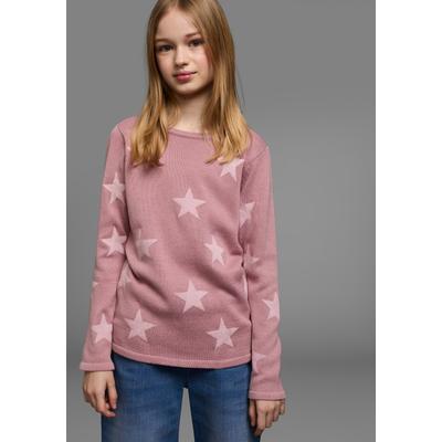 Strickpullover KIDSWORLD "Sterne-Pullover", Mädchen, Gr. 140/146, rosa (rosa gemustert), Feinstrick, Obermaterial: 50% Baumwolle, 50% Polyacryl, gemustert, modisch, Basic hüftlang, Rundhals, Langarm, Pullover, mit Sternen - Druck Image