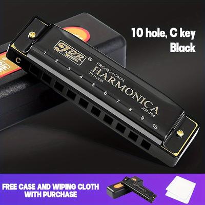 TEMU Professional Blues Harmonica 10 Hole C Key Blues Harmonica With Hard Box, Suitable For Beginners, Students, Adults, And Professionals As A Joyful Gift For Eid Al Fitr