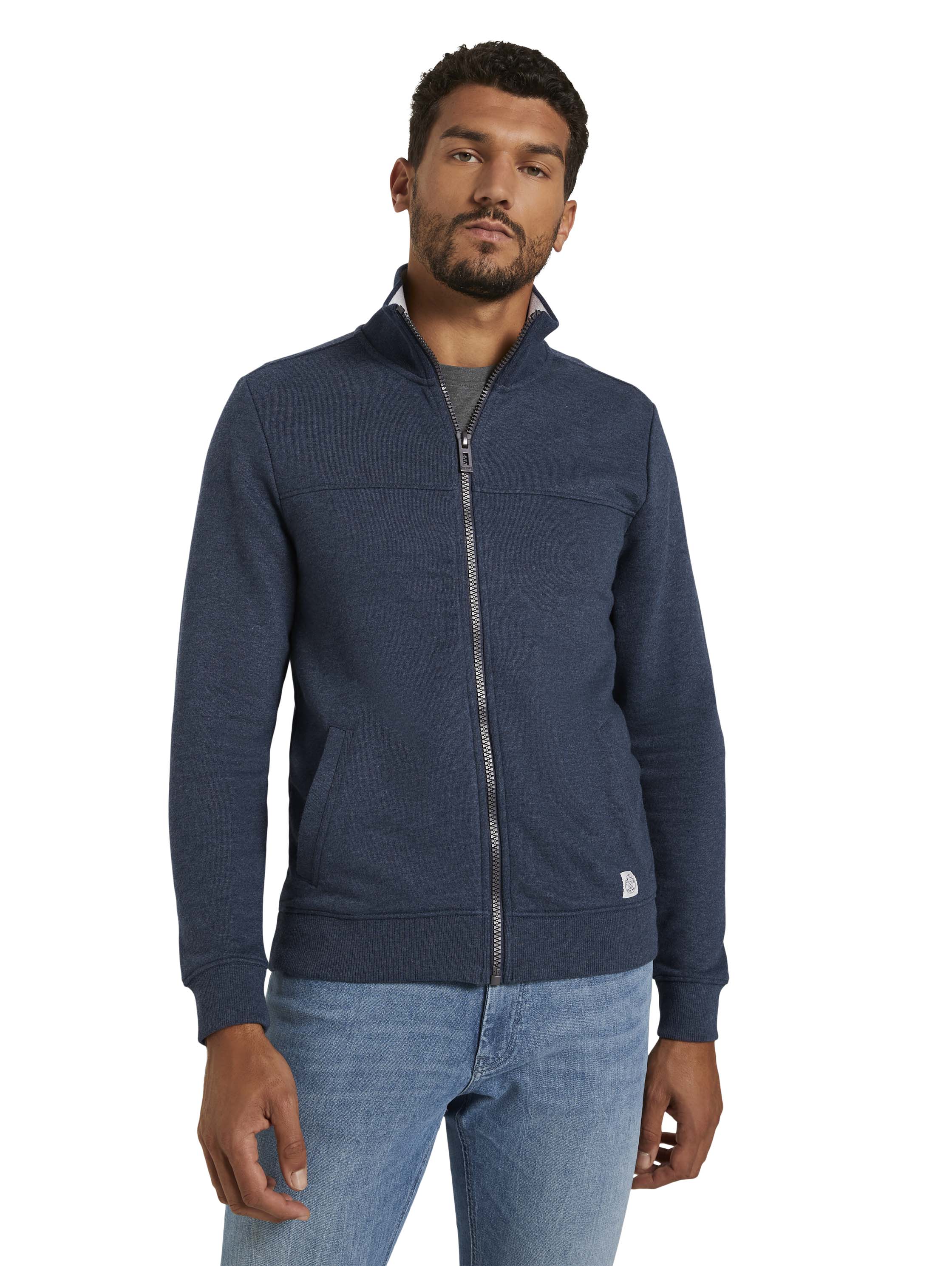 Sweatjacke TOM TAILOR, Herren, Gr. 3XL, blau (blau meliert), Sweatware, Obermaterial: 60% Baumwolle, 40% Polyester, regular fit, Rippbündchen, Sweatjacken Sweatjacke, mit halswärmendem Stehkragen