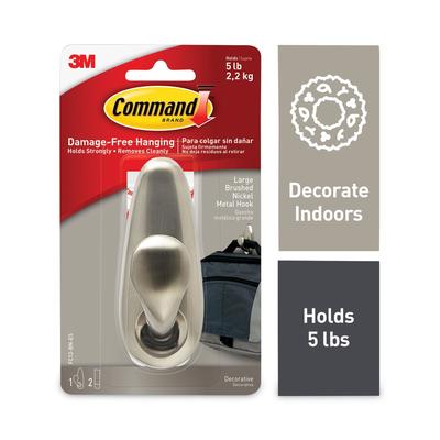 Command Adhesive Mount Metal Hook, Large, Brushed Nickel Finish, 1 Hook and 2 Strips/Pack (MMMFC13BN)