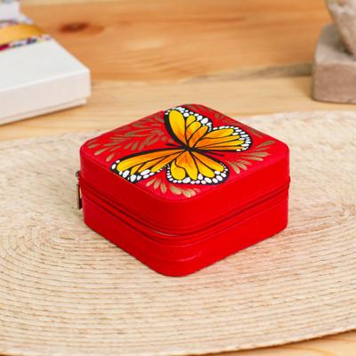 'Butterfly-Themed Painted Strawberry Faux Leather Jewelry Box'