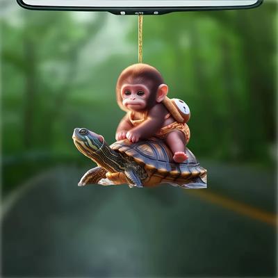 TEMU Creative Monkey Riding Turtle Acrylic Hanging Ornament, Adorable Tortoise Keychain Pendant, Backpack Charm, Party Decoration Accessory - Durable And Lightweight Acrylic Material