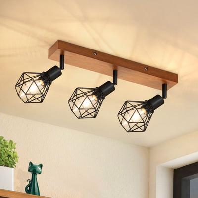 Gbly - Deckenstrahler 3 Flammig Schwarz Holz - E14 Denckenspots Retro Deckenlampe Metall Schwenkbar Image