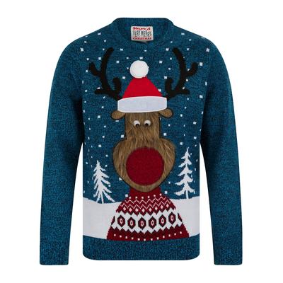 Jumpers Men's Deerer Motif Novelty Christmas Jumper in Christmas Ink / Blue Aster Twist - Merry Christmas / S - Tokyo Laundry