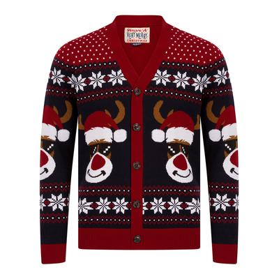Cardigans Men's Deer Festive Pattern Novelty Knitted Christmas Cardigan in Red - Merry Christmas / M - Tokyo Laundry
