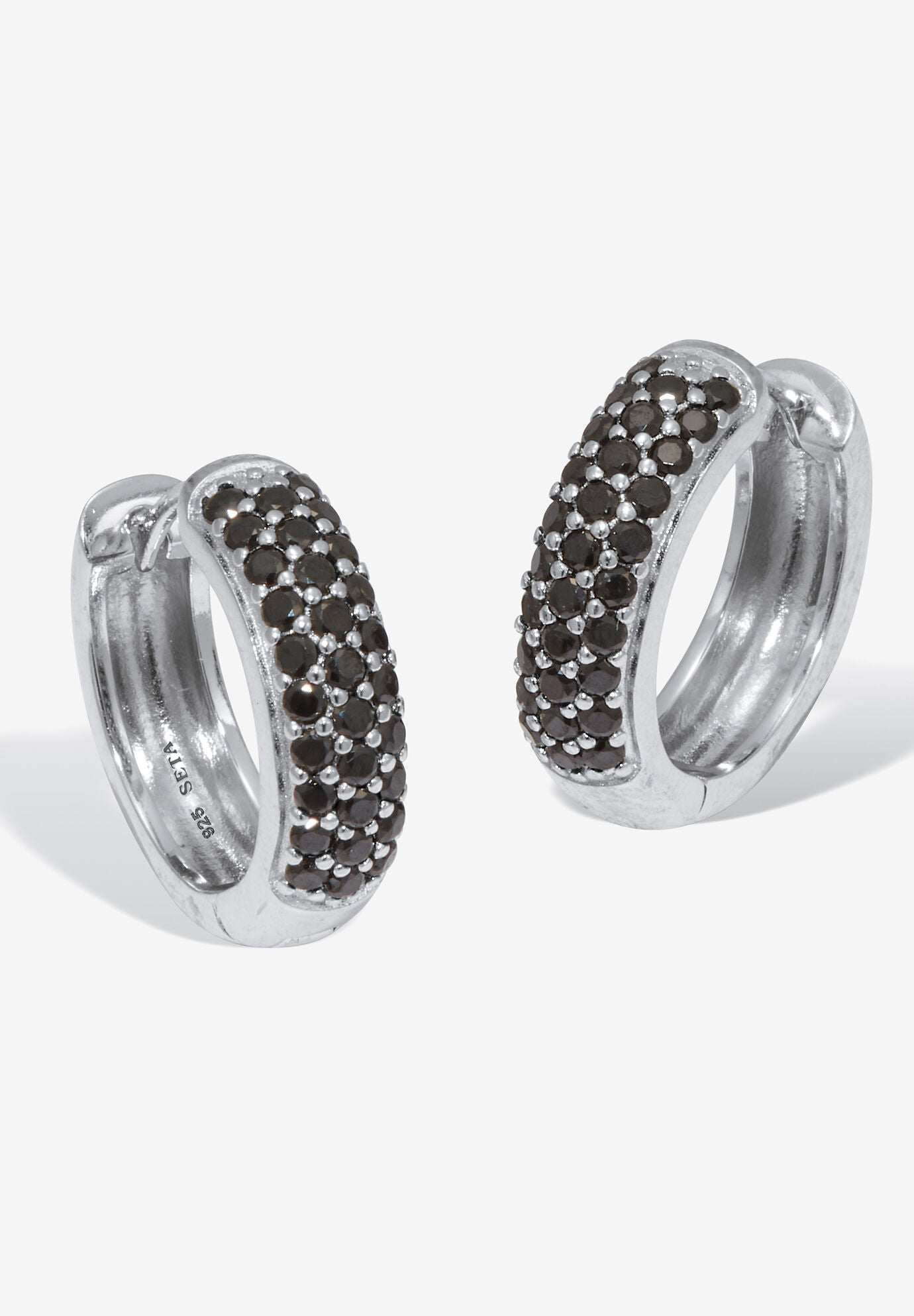 Women's Round Genuine Black Spinel Sterling Silver Huggie Earrings by PalmBeach Jewelry in Black