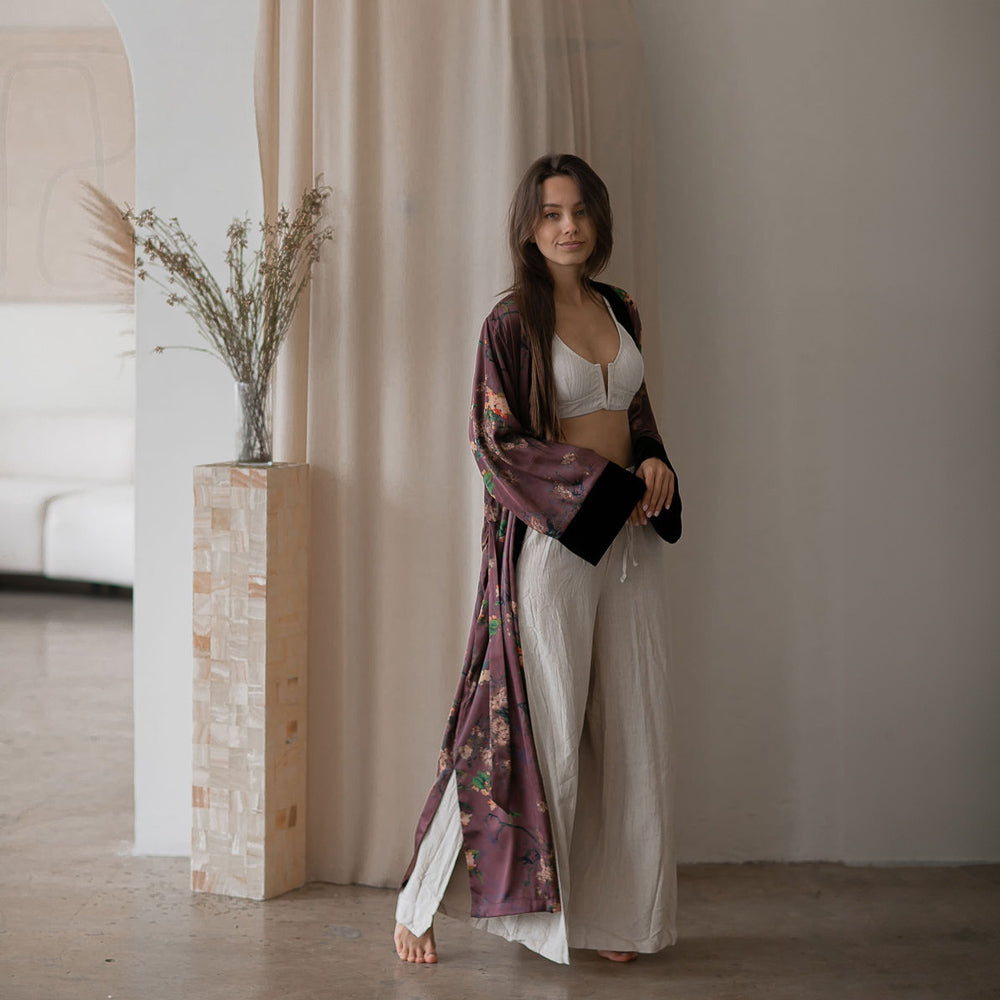 KIM+ONO Kimono Robe | Haruka Long Kimono Wrap | Polyester Charmeuse | Rosewood | Long