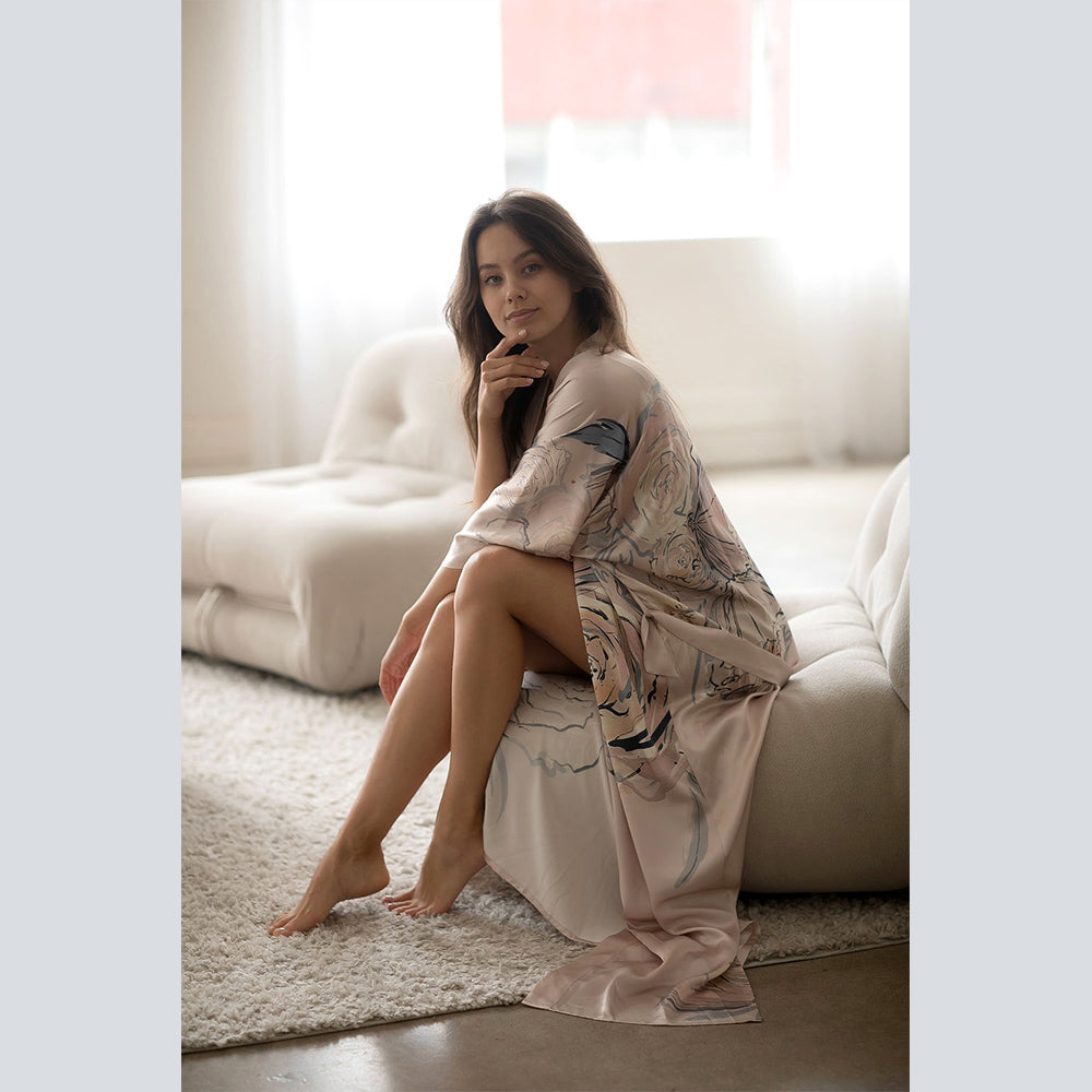 KIM+ONO Kimono Robe | Washable Silk Jia Long Kimono Robe | Washable Silk | Cream Blush | Long