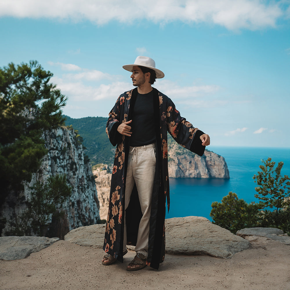 KIM+ONO Kimono Robe | Azumi Long Kimono Wrap | Polyester Charmeuse | Black | Long
