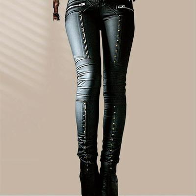 TEMU Women's Leggings Gothic Punk Skinny Pants Mid Rise Novelty Studded Tight Pants