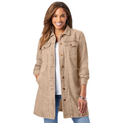 Plus Size Women's Long Denim Jacket by Jessica London in New Khaki (Size 18 W) Tunic Length Jean Jacket