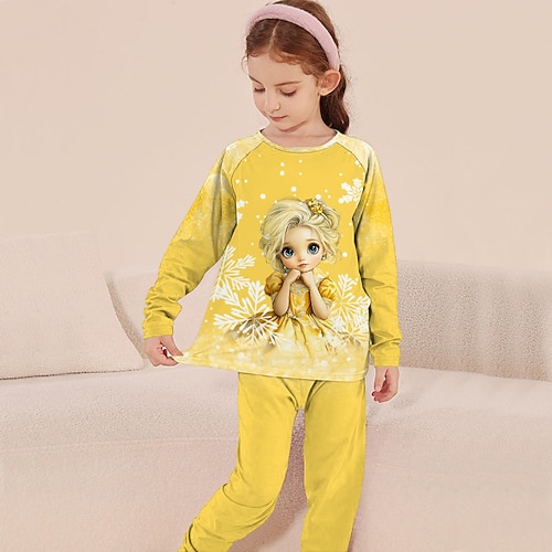 Mädchen 3D Graphic Schneeflocke Prinzessin Weihnachtspyjamas Pyjama-Sets Pyjama-Sets mit T-Shirt und Hose Langarm 3D-Druck Herbst Winter Aktiv Basic kinderkleidung 4 Jahre Rundhalsausschnitt Heim Image
