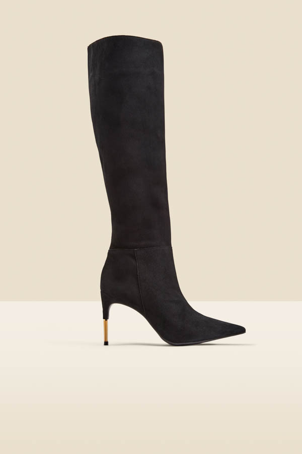 Sosandar Womens Black Suede Knee High Boot With Gold Heel Detail - Size UK 6 | Sosandar Sale | Discount Designer Brands
