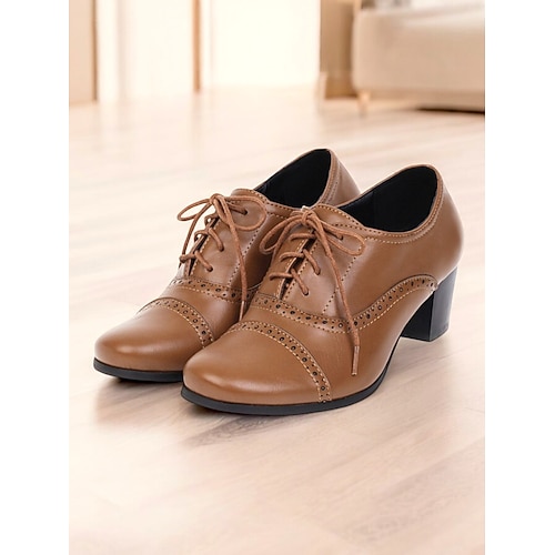 scarpe oxford marroni da donna con lacci e dettagli brogue - classiche con tacco medio per abbigliamento casual professionale e vintage
