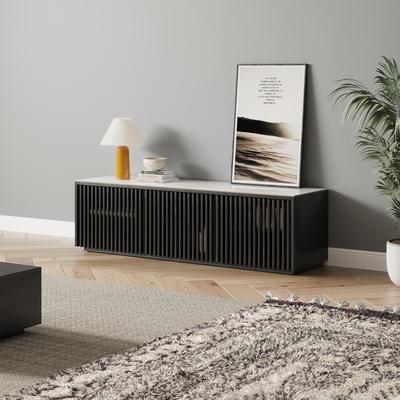 59" Modern Minimalist Wood TV Stand with Glossy Sintered Stone Tabletop, Slatted Entertainment Center, Black TV Console, Fully-Assembled, Perfect for 45-inch TVs