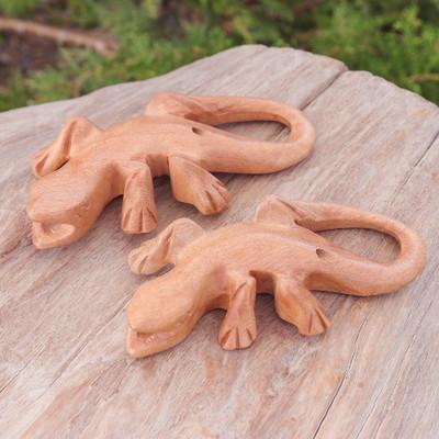 'Hand-Carved Raintree Wood Gecko Ocarina Pair from Thailand'