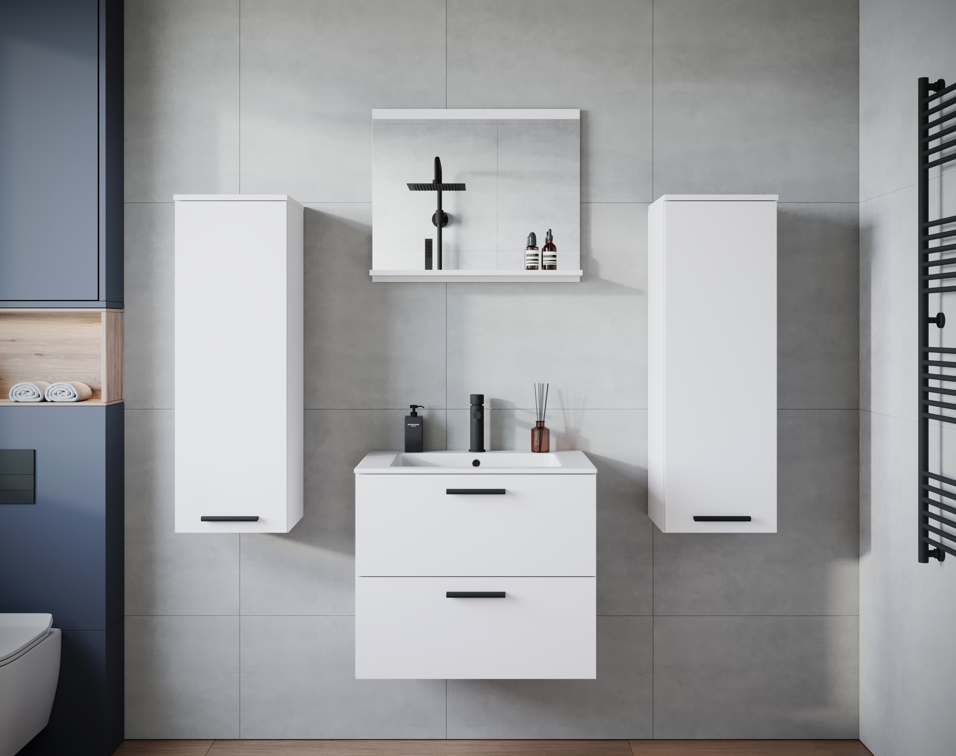 Badmöbel-Set WELLTIME "PILA", weiß (weiß matt, weiß hochglanz), B:140cm H:90cm T:44cm, ABS-Kunststoff, Hartfaserplatte, Holzwerkstoff, Kastenmöbel-Sets, Badmöbel-Set, Badmöbel 4-teilig, verstellbare Einlegeböden, Schubladen