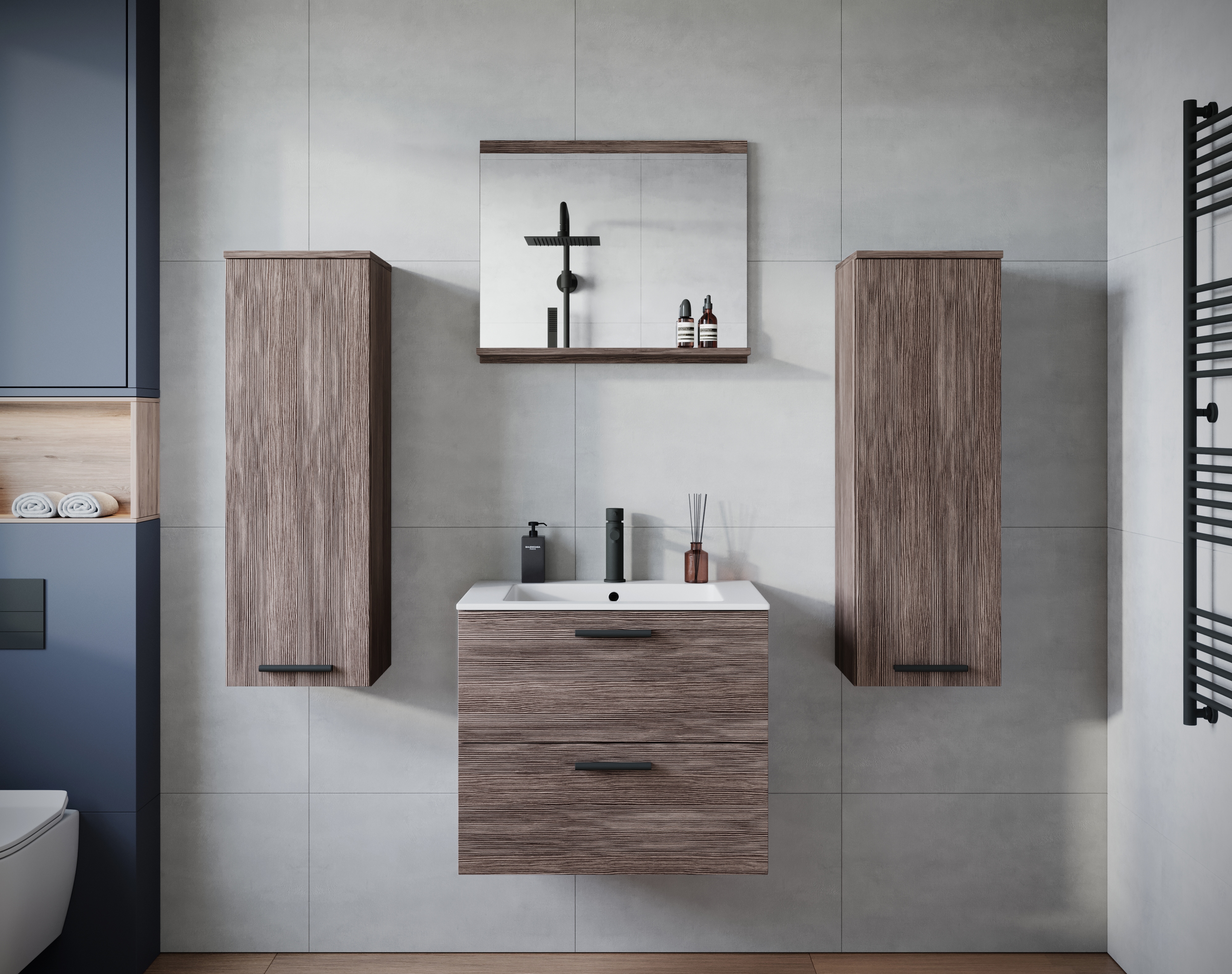 Badmöbel-Set WELLTIME "PILA", braun (bodega), B:140cm T:44cm, ABS-Kunststoff, Hartfaserplatte, Holzwerkstoff, Kastenmöbel-Sets, Badmöbel-Set, Badmöbel 4-teilig, verstellbare Einlegeböden, Schubladen