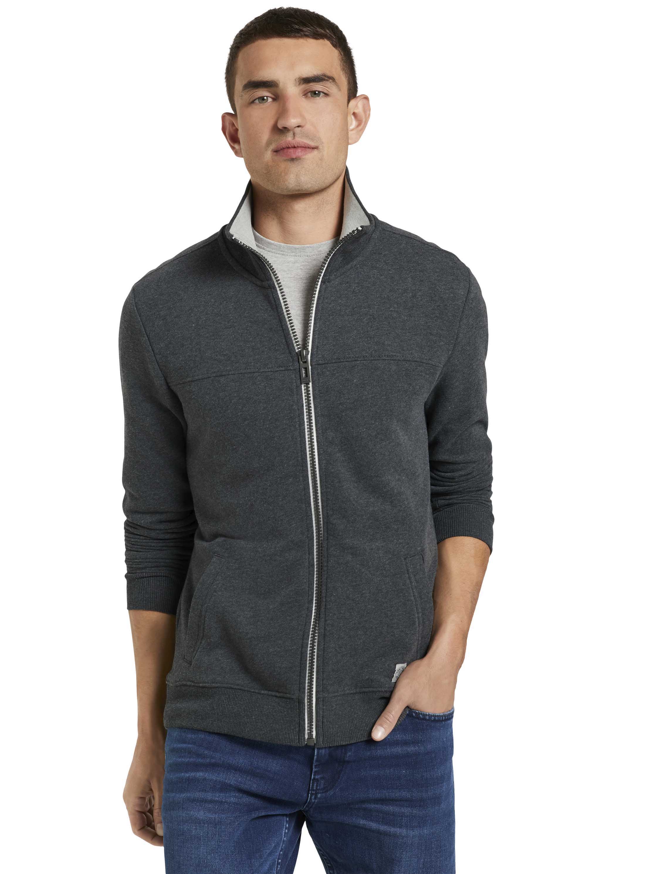 Sweatjacke TOM TAILOR, Herren, Gr. XXL, grau (anthrazit meliert), Sweatware, Obermaterial: 65% Baumwolle, 35% Polyester, regular fit, Rippbündchen, Sweatjacken Sweatjacke, mit halswärmendem Stehkragen