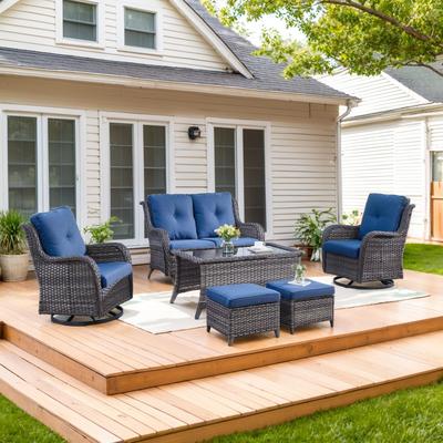 Patio Rattan Loveseat Glider Sofa Swivel Chair with Ottoman - Blue cushion - Grey