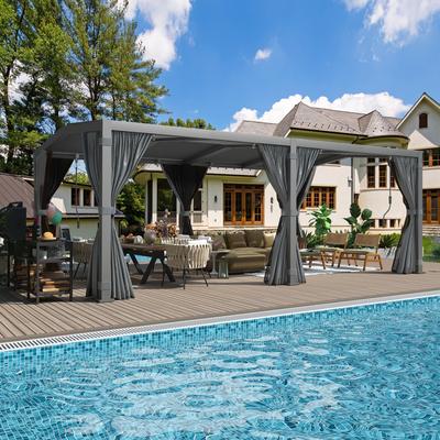 EROMMY 12x20 Louvered Pergola,Dark Grey Aluminum Frame with Adjustable Rainproof Roof, Featuring Waterproof Curtains and Nets