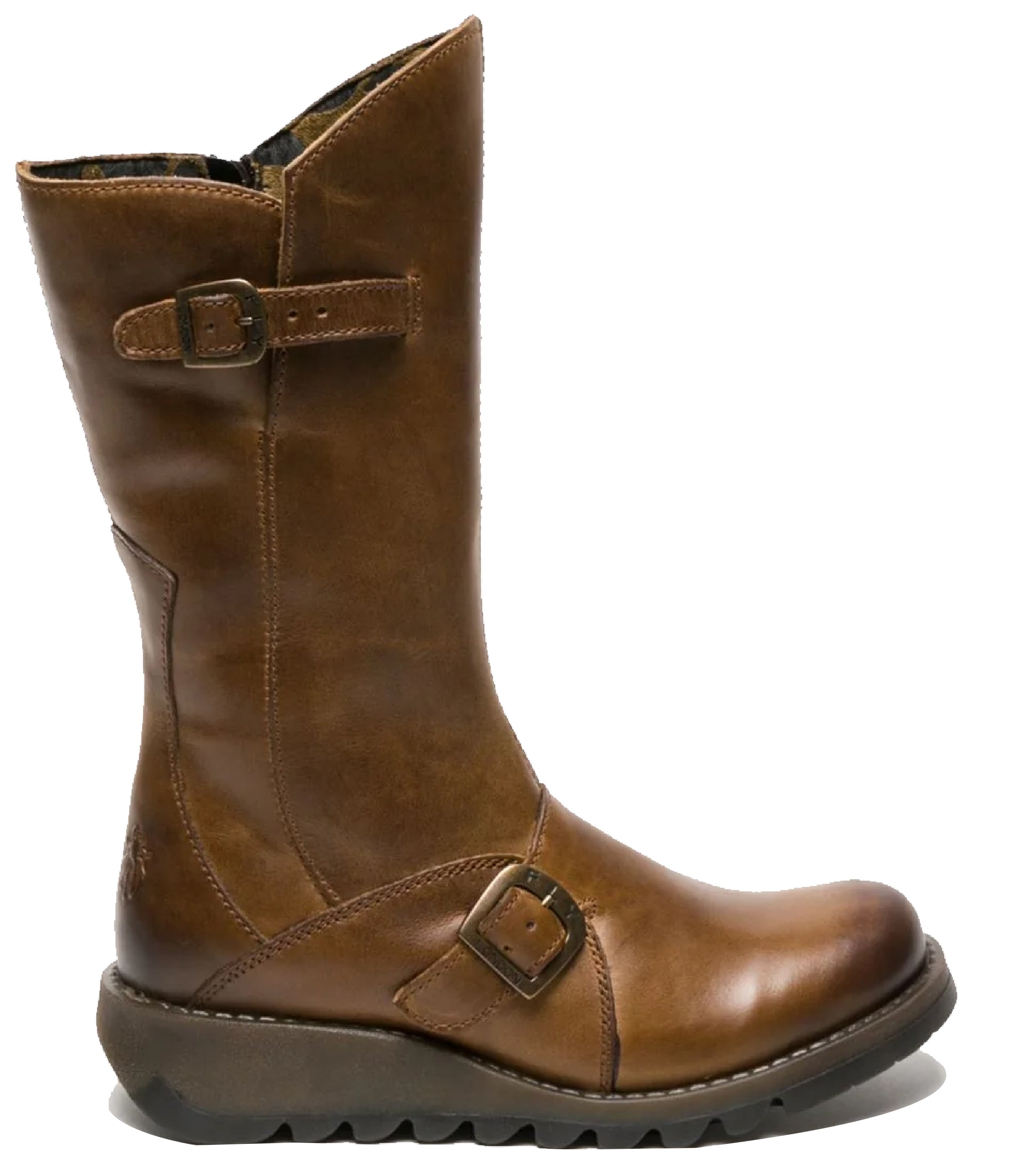 Fly London Damen MES 2 Plateaustiefel mit Keilabsatz, Schnalle, halbhoher Schaft, Leder, Reißverschluss, Kamel