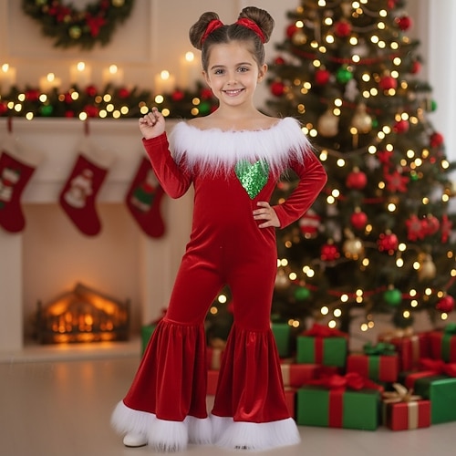 Costume élégant Combinaison Costume de Noël père Noël Monstre vert à fourrure Déguisement Cosplay pour Garçons Fille Enfant Noël Nouvel An la veille de Noël Soirée Noël Combinaison