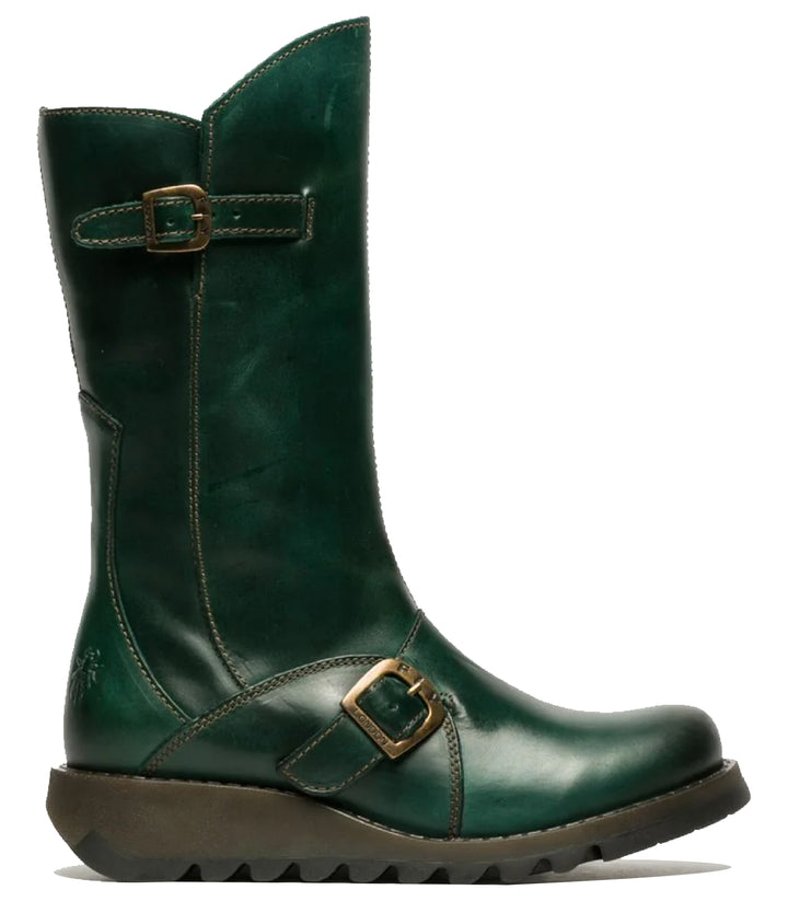 Fly London Damen Grüne MES 2 Plateaustiefel mit Keilabsatz, Schnalle und Reißverschluss aus Leder