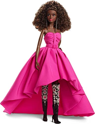 Barbie Signature Pink Collection Doll 4, Barbie Doll (Dark-Brown Curly Hair) with Silkstone Body Wearing Taffeta Gown, Gift for Collectors, HBX96