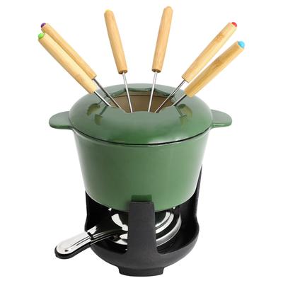 Enameled Cast Iron Fondue Pot with 6 Serving Forks in Green