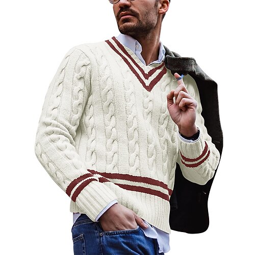 Herren Weihnachtspullover Pullover Strickpullover Gerippt Stricken Normale Oberteile Gestrickt Farbblock V Ausschnitt Mode Basic Urlaub Alltagskleidung Bekleidung Herbst Winter Weiß Gelb S M L Image