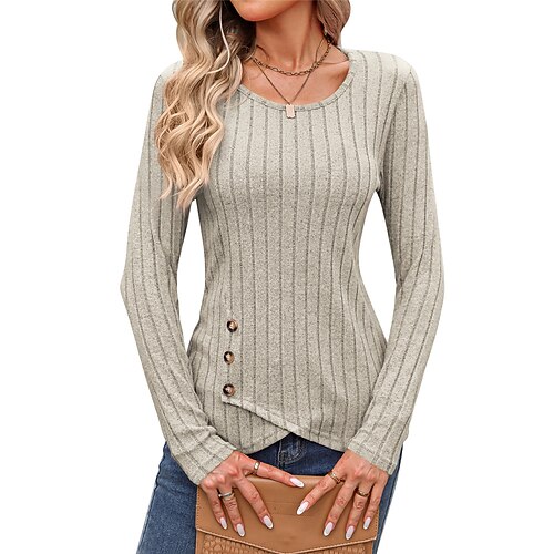 Damen Hemd Bluse Knöpfe Einfarbig Basic Lässig Langarm Rundhalsausschnitt Normale Oberteile Täglich Schwarz Braun Beige Grau Herbst Winter Image
