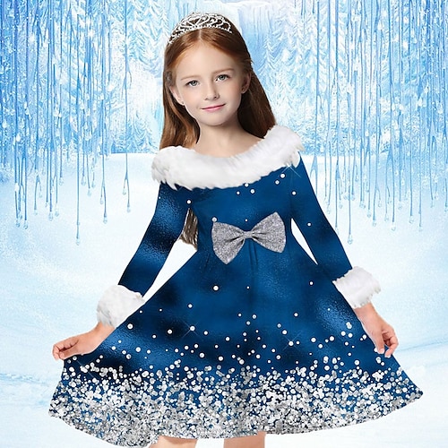 kinderkleidung Mädchen Kleid Schneeflockenkleid Schneeflocke Langarm Casual Pelzkragen Rundhalsausschnitt bezaubernd Täglich Polyester Übers Knie Casual kleid Schaukelkleid A Linie Kleid Herbst Winter Image
