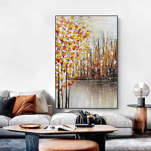 extra großes handgemaltes abstraktes Blumenölgemälde handgemachte Wandkunst große Spachtellandschaftsgemälde Frühlingsgold-Bule-Blumengemälde moderne dekorative Baumgemälde Raumkunst Image