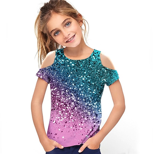 Mädchen 3D Farbverlauf T-Shirt Kurzarm 3D-Druck Sommer Frühling Aktiv Modisch Kuschelig kinderkleidung 3-12 Jahre Outdoor Täglich Regular Fit Image