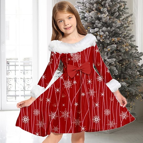 kinderkleidung Mädchen Weihnachtsoutfit Kleid Schneeflockenkleid Schneeflocke Langarm Casual Pelzkragen Rundhalsausschnitt bezaubernd Täglich Polyester Übers Knie Casual kleid Schaukelkleid A Linie Image
