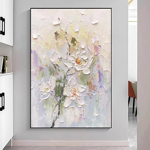 Ölgemälde handgemaltes 3D-Blumengemälde, handgefertigtes Palettenmesser, Blumen, Ölgemälde, Wandkunst, großes 3D-weißes Strukturgemälde, moderne dekorative Gemälde, Impressionismus, abstraktes weißes Image