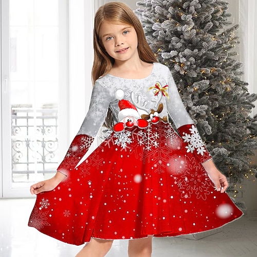 kinderkleidung Mädchen Weihnachtsoutfit Kleid Schneeflockenkleid Schneeflocke Langarm Casual Rundhalsausschnitt bezaubernd Polyester Übers Knie Casual kleid Schaukelkleid A Linie Kleid Herbst Winter Image